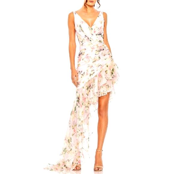 Mac Duggal Floral Print Asymmetrical Ruffle Hem Dress 4 - Picture 1 of 13